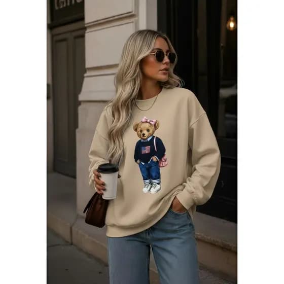 Moletom Feminino Blusa De Frio Casaco Preto Urso Laço Estampa Fofa Inverno 2026 Tendência