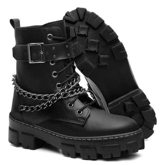 Bota Corturno Preta Tratorada Corrente Cano Curto Rock