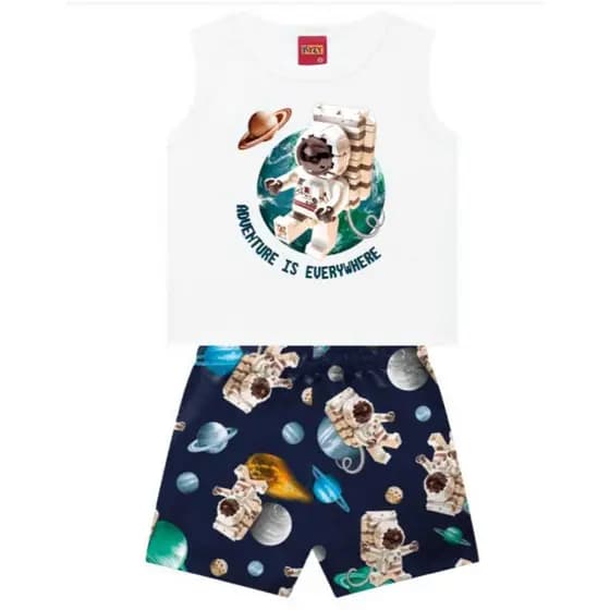 Conjunto Infantil Menino Camiseta Regata Bermuda Tactel Desenho Nave Espacial  Tam 8