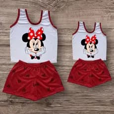 Kit 1 Pijama Mãe + 1 Pijama Filha Regata da Minnie Short Dool Adulto Infantil Tal Mae Tal Filha Baby Dool