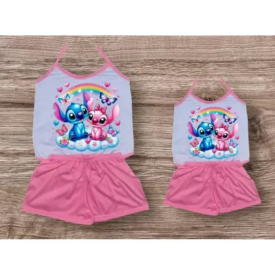 Kit Pijama mãe e filha short doll stitch pijama baby doll alça malha pp verão personagens