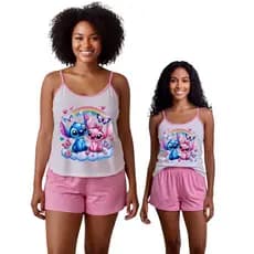 Kit pijama mãe e filha stitch short doll pijama baby doll malha verão atacado personagens