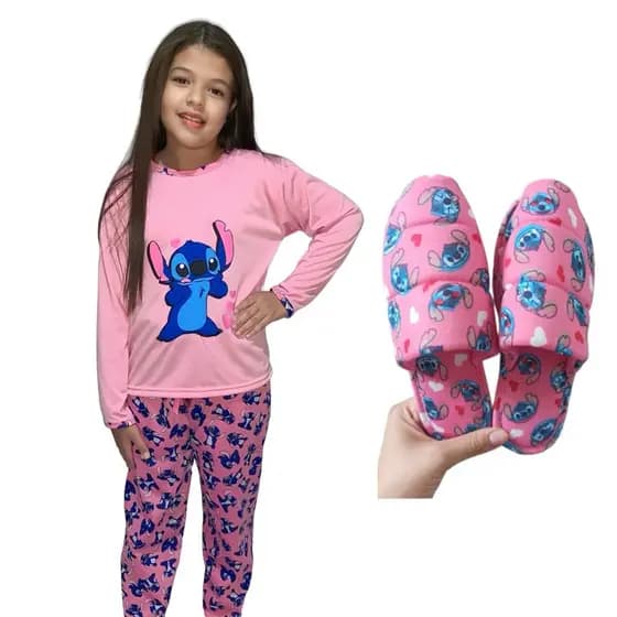 Kit Pijama Stitch longo Infantil + Pantufa Infantil Blogueirinha Estampa Personagens de frio inverno