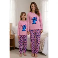 Kit pijama mãe e filha stitch inverno calça estampada malha blusa manga comprida personagens inverno frio longo