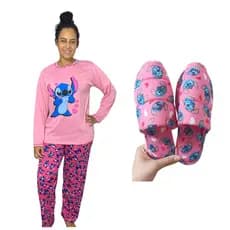 kit pijama stitch adulto feminino longo + pantufa pijama adulto feminino chinelo de dormir