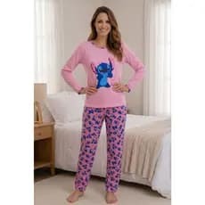 Pijama Adulto Stitch Feminino De Inverno Longo Frio Calça e Manga Cumprida Dia Das Mães Família