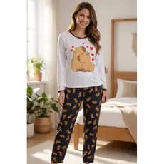 Pijama longo de frio adulto estampa da capivara malha