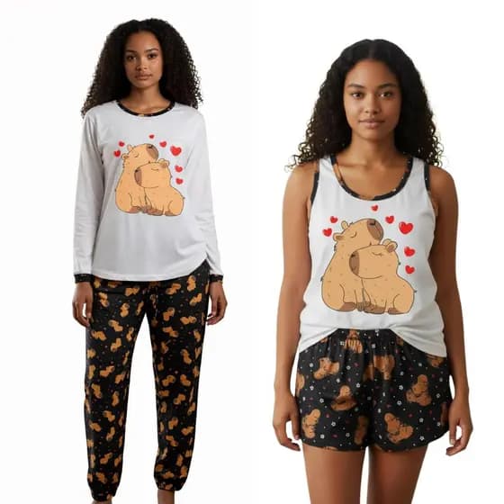 KIT 2 Pijamas Feminino Infantil 1 Longo e 1 Curto Verão Inverno Estampa Capivara