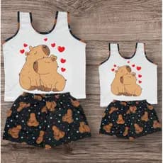 Kit 1 Pijama Mãe + 1 Pijama Filha Regata da Capivara Short Dool Adulto Infantil Tal Mae Tal Filha Baby Dool