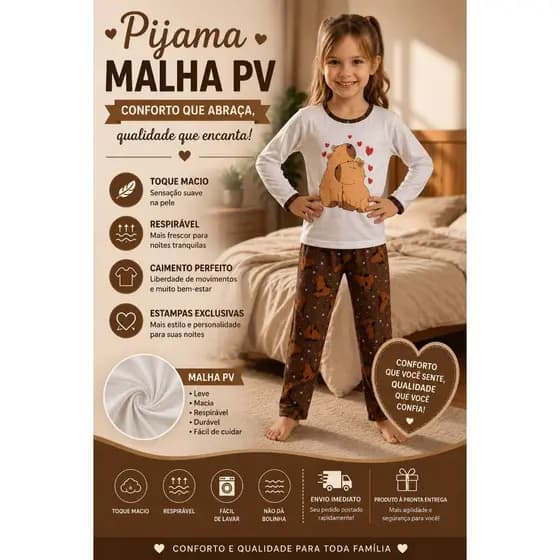 Pijama longo infantil de frio estampa da capivara marrom malha blusa longa e calça estampada