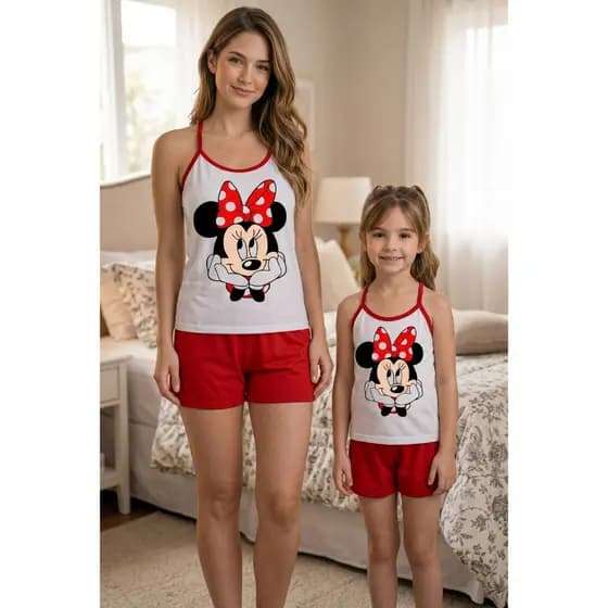 Baby Doll Mãe e Filha Minnie Alça Tal Mãe Tal Filha Malha PV Premium Confortável