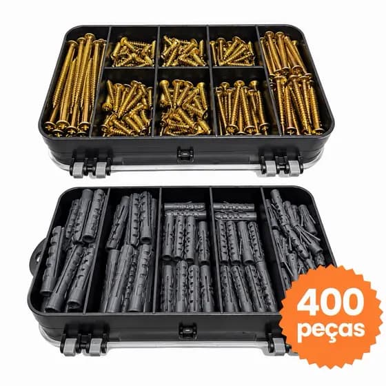 Kit 400 Peças Parafusos e Buchas com Organizador Multiuso Maleta Marcenaria Chipboard Phillips