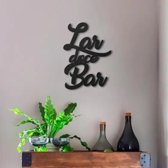 Frase Decorativa Lar Doce Bar em MDF Preto 6 mm Aplique de Parede Recorte Madeira Lettering Bar