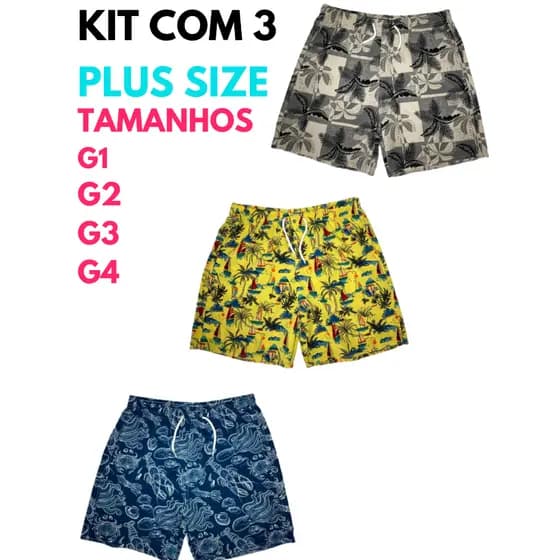 Kit de 3 Short Plus Size extra Mauricinho Masculino Tactel Adulto Praia Piscina Moda Promoção