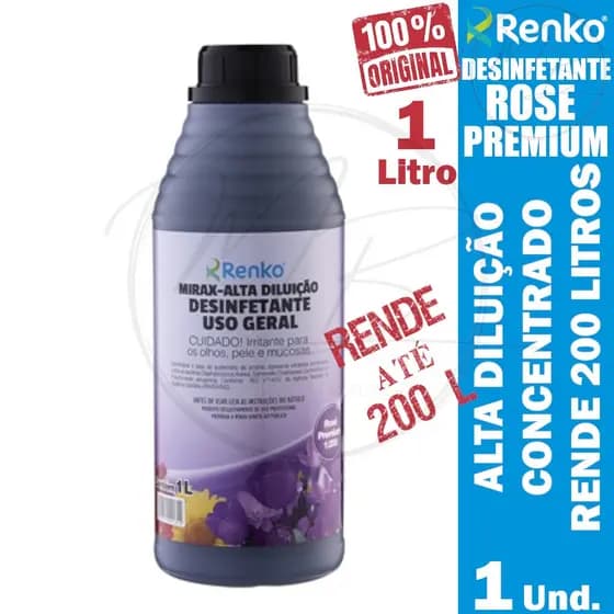 Desinfetante Concentrado Renko Mirax Rose Premium 1L Alta Diluição Rende 200L