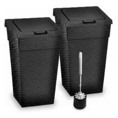 Kit 2 Lixeira Cesto de Lixo Rattan Tampa Click 10 Litros Cor Preta + 1 Escova Sanitária para Banheiro Kit Banheiro