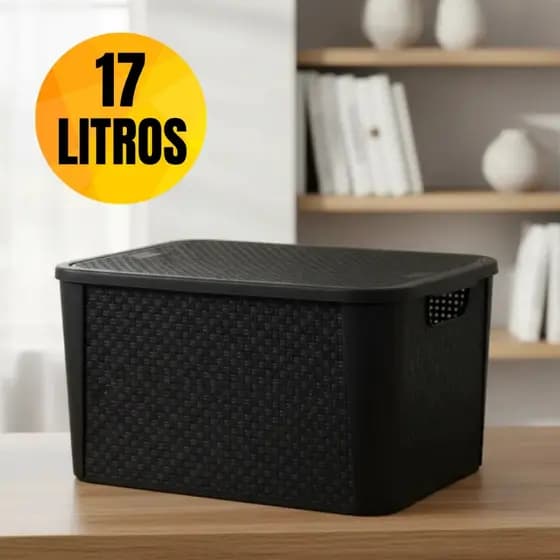 Caixa Organizadora 17 Litros Cesto Organizador Multiuso Rattan com Tampa Empilhável Preta / Cinza Roupas Brinquedo