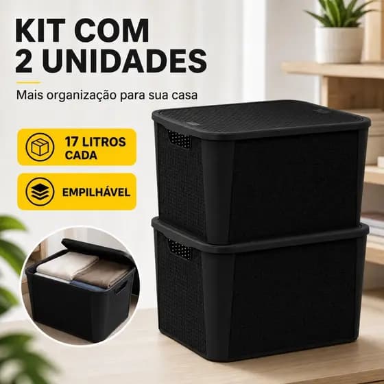2 Caixa Organizadora Rattan Com Tampa Grande Retangular 17L Preta Cesto Multiuso Plástico Decoração Plasnew Organização