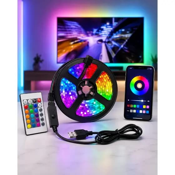 Fita de Led RGB USB 5050 com Controle Remoto e Aplicativo Luz de Fundo para TV Monitor Fita Flexível 5V IP65 Setup Gamer