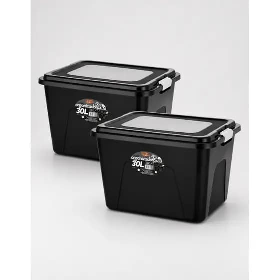 Kit 2 Caixas Organizadora 30 litros Grande Com Tampa e Trava Cesto Multiuso Caixa Organização Brinquedos Quarto Cozinha