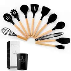 Kit Completo 12 Utensílios Cozinha Silicone C/ Cabo De Madeira Macio Suporta (11 Conchas + 1 Pote)
