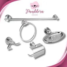 Kit Acessórios Banheiro 5 Peças Inox Cromado – Papeleira, Saboneteira, Porta Toalha, Gancho e Varão