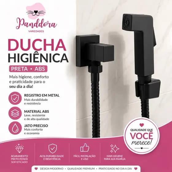 Ducha Higiênica ABS Preta Completa Registro Metal