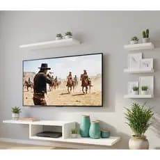 Rack Suspenso TV Sala Quarto + 4 Prateleiras e  Nicho 100% MDF Branco Para Tv Até 55 Polegadas