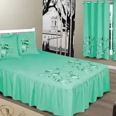 Kit Jogo de Quarto Colcha Casal com Babado Cortina 2 Fronhas Estampadas Estilo Campestre Decoração