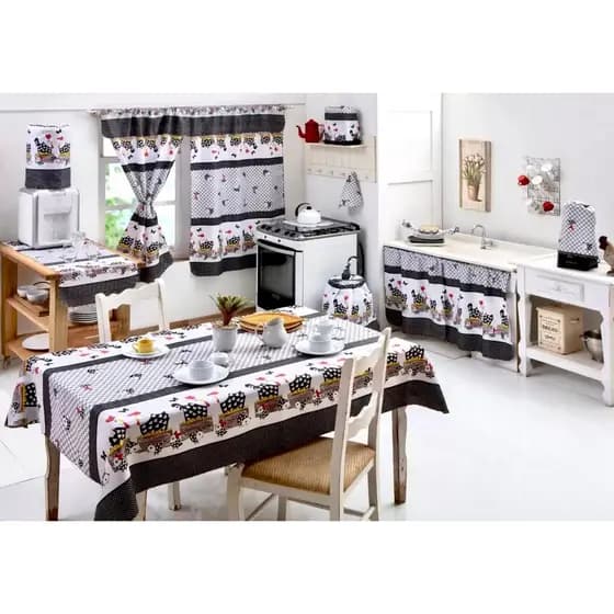 2 Kits Jogo Cozinha Tergal 8 Peças Completo Com Cortina Botijão Liquidificador Forros Pano De Fogão