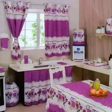 Jogo Cozinha Tergal Completo 8 Peças com Cortina Estampado Janela Pia Capas Toalha e Pano Decoração