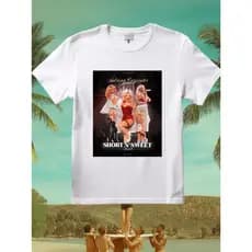 Camiseta branca 100% poliéster  sabrina carpenter  single "Manchild" | short n' sweet deluxe