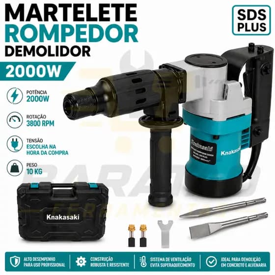 MARTELETE ROMPEDOR DEMOLIDOR 10KG 2000W 110V 220V COM PONTEIRA E TALHADEIRA Nakasaki