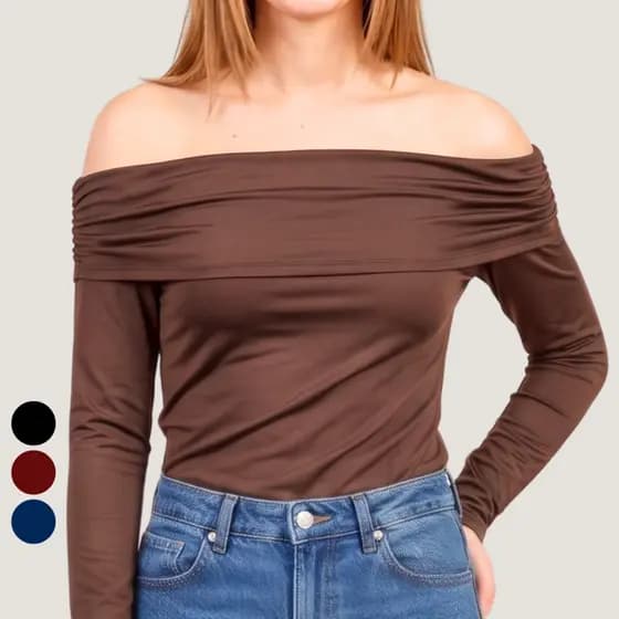 Blusa Ombros de Fora Decote Ombro a Ombro Suplex Marrom Bordo