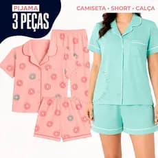 Conjunto Pijama 3 Peças Feminino Premium Americano Estampado Camiseta Calça Short