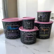 Kit Mantimentos com 5 Potes Herméticos em Plástico Resistente para Cozinha