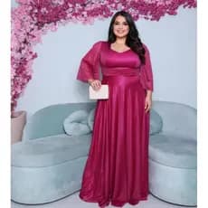Vestido Longo Festa Plus Size Com Manga Tule com Brilho Casamento Formatura
