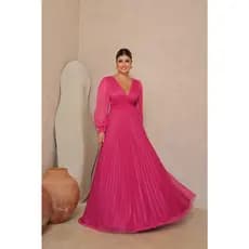Vestido Longo Feminino Festa Manga Longa Plissado Casamento Formatura