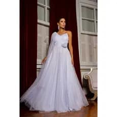 Vestido Feminino Longo De Festa Alcinha Com Flor e Capão Tule Com Brilho Formanda Madrinha