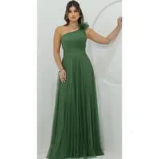 Vestido Longo Feminino de Festa Ombro Só Plissado Brilhante Casamento Formatura