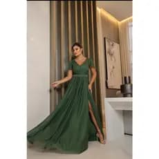 Vestido Feminino Longo de Festa Manga Curta Com Fenda De Tule Com Brilho