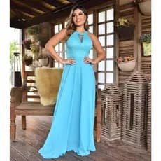 Vestido Feminino Longo de Festa Regata Renda Alfaiataria com Tule Decote Elegante
