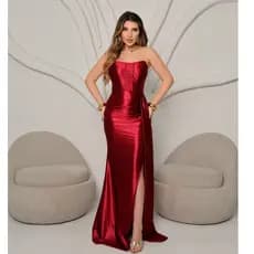 Vestido Longo de Festa Tomara Que Caia Sereia Com Tiras Nas Costas Acetinado Brilhante Formatura