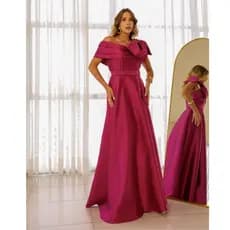 Vestido Longo de Festa Ombro à Ombro Zibeline Com Laço Formatura Casamento