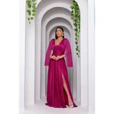 Vestido Longo de Festa Tule com Capa Média Drapeado na Cintura Casamento Formatura