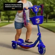 Patinete Infantil Dobrável Tres Rodas Com Luz Som Seguro Infantil Transporte Facil Azul