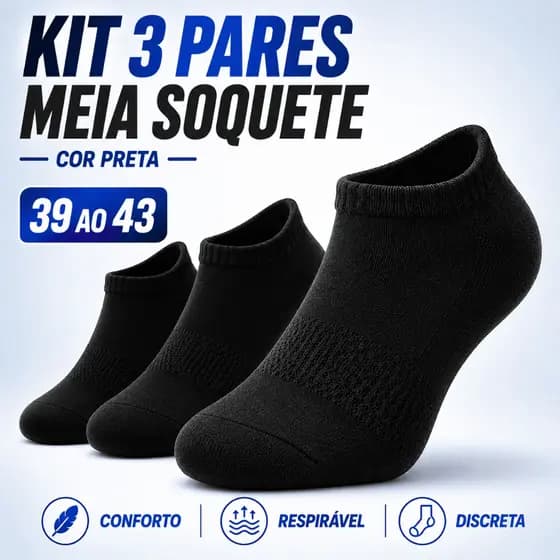 Kit 3 Pares Meia Soquete Altomax Cano Curto Unissex Preta Respirável Confortável 39 43