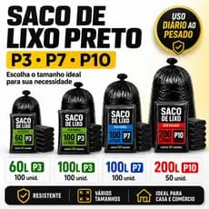 Saco Lixo Preto Reforcado Resistente 60L 100Un 200L Grosso Premium Cozinha Banheiro Condominio