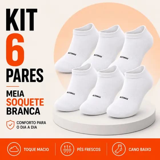 Kit 6 Pares Meia Soquete Invisivel Branca Altomax Cano Baixo Confortável Unissex Tenis 33 ao 43
