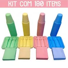 Kit Festa Aniversario 180 Itens Candy Descartavel Diamante Com Prato Copo Garfinho e Guardanapo Rosa Azul Amarelo Verde